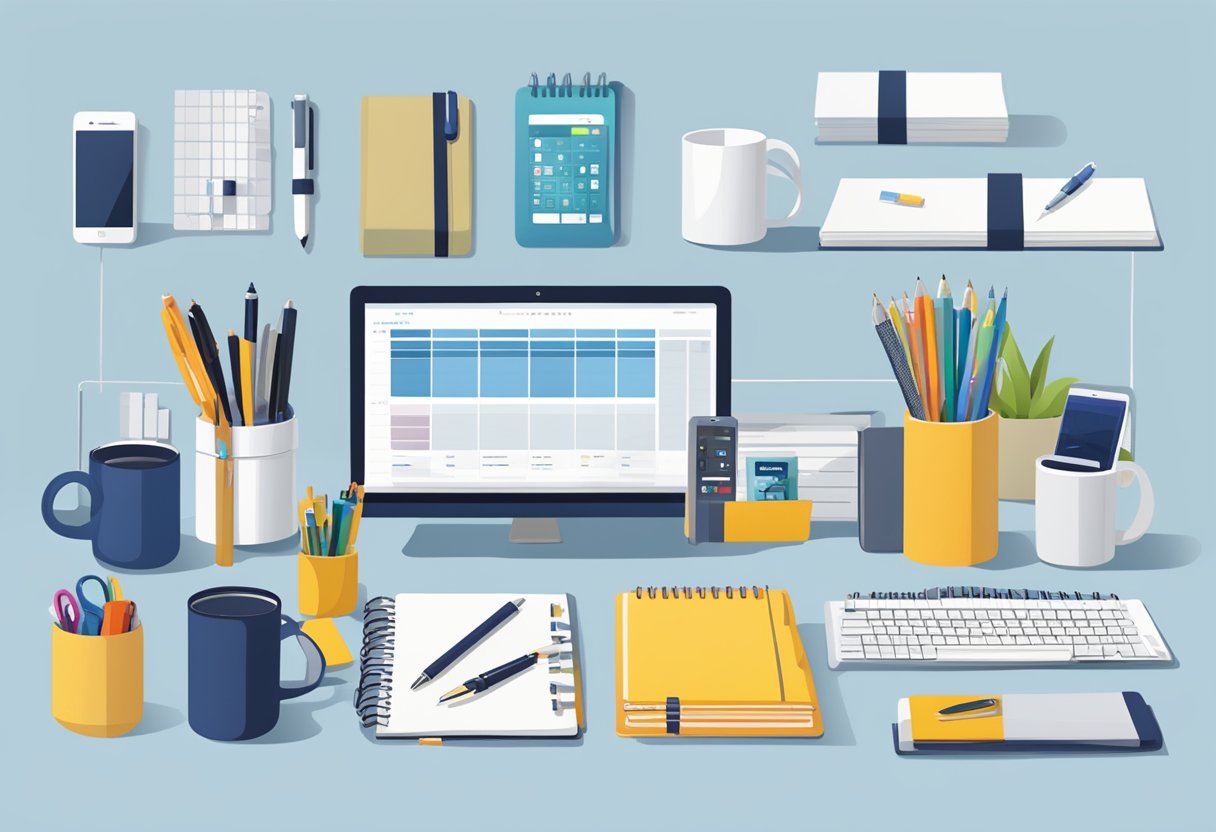 A table displaying 10 corporate gift ideas, including branded pens, notebooks, mugs, and tech accessories. A budget spreadsheet and company logo are visible in the background