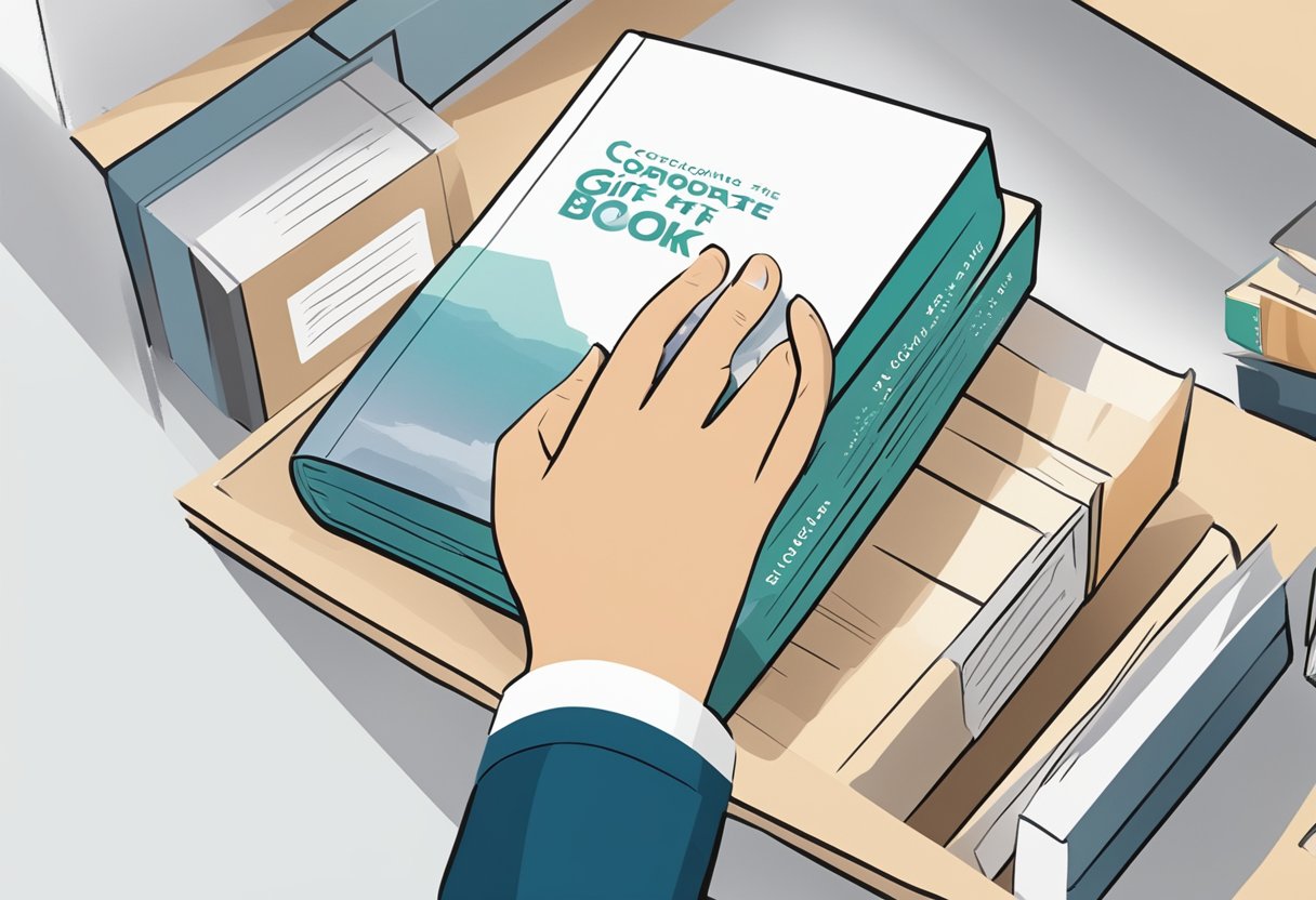 A hand reaches for a sleek, professional-looking book from a shelf labeled "Corporate Gifts." The cover features a minimalist design with the title "Selecting the Right Book for Your Corporate Gift" prominently displayed