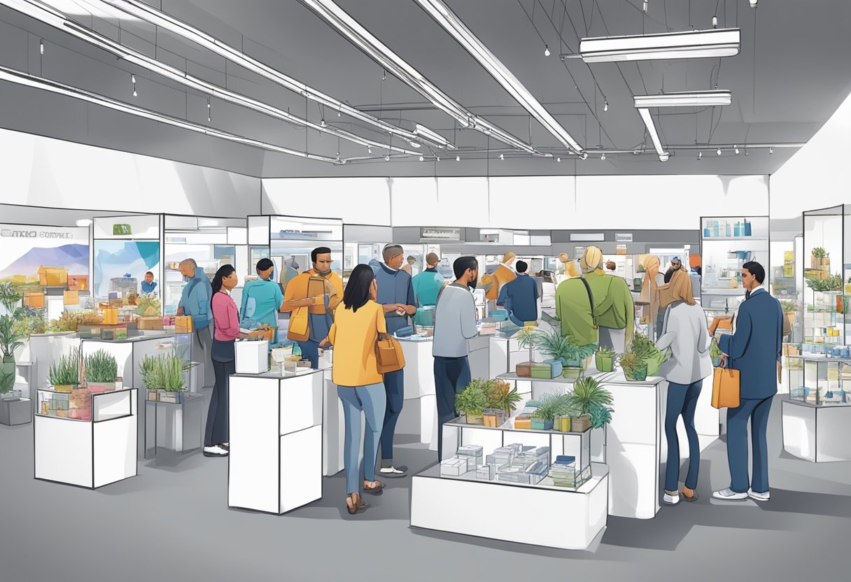 Corporate gifts displayed in a bustling trade show, with vendors showcasing trendy and strategic products