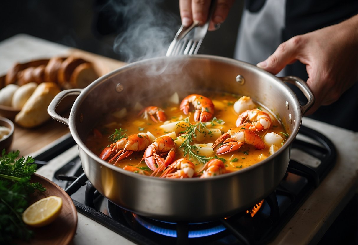 A pot simmering on a stove, filled with lobster shells, onions, and herbs. A chef's hand pouring cream into the pot