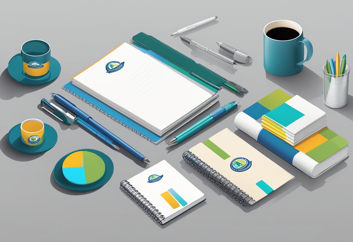 A table displays branded corporate gifts: pens, notebooks, and mugs. A company logo is prominently featured on each item