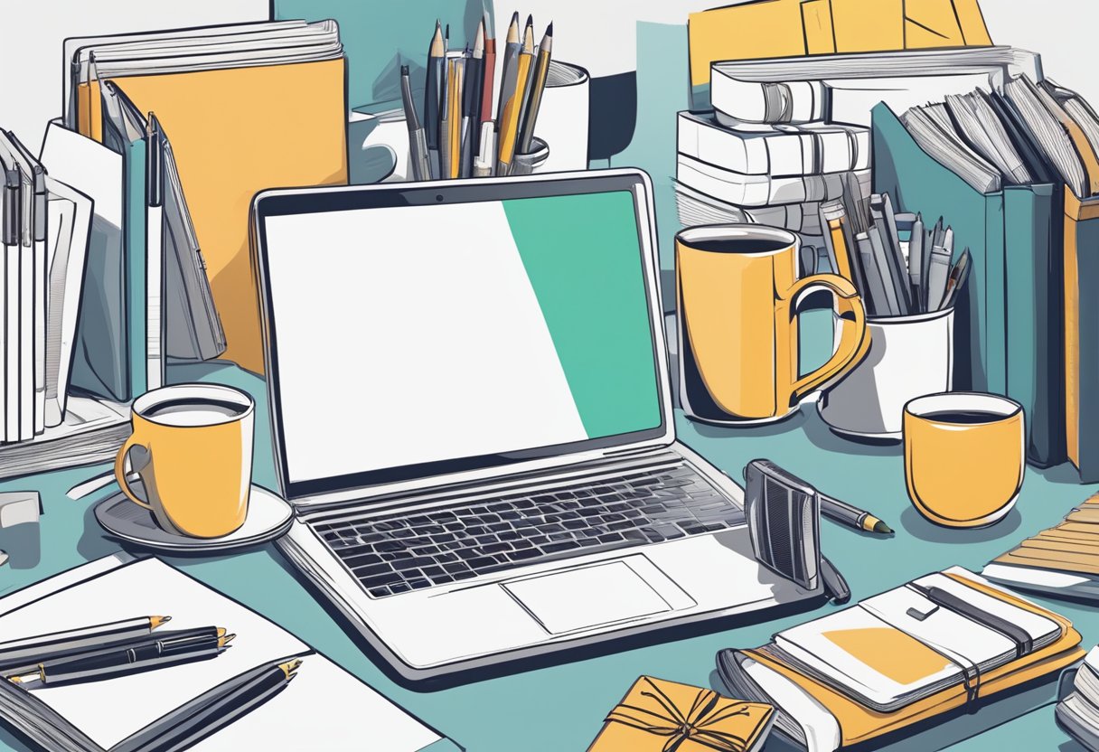 A person browsing through various items, such as pens, mugs, and notebooks, while considering their budget for corporate gifts