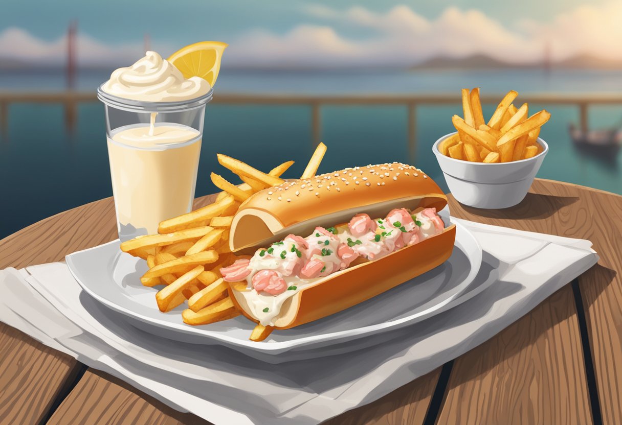 A steaming lobster roll sits on a wooden table, surrounded by a side of crispy fries and a dollop of tangy aioli