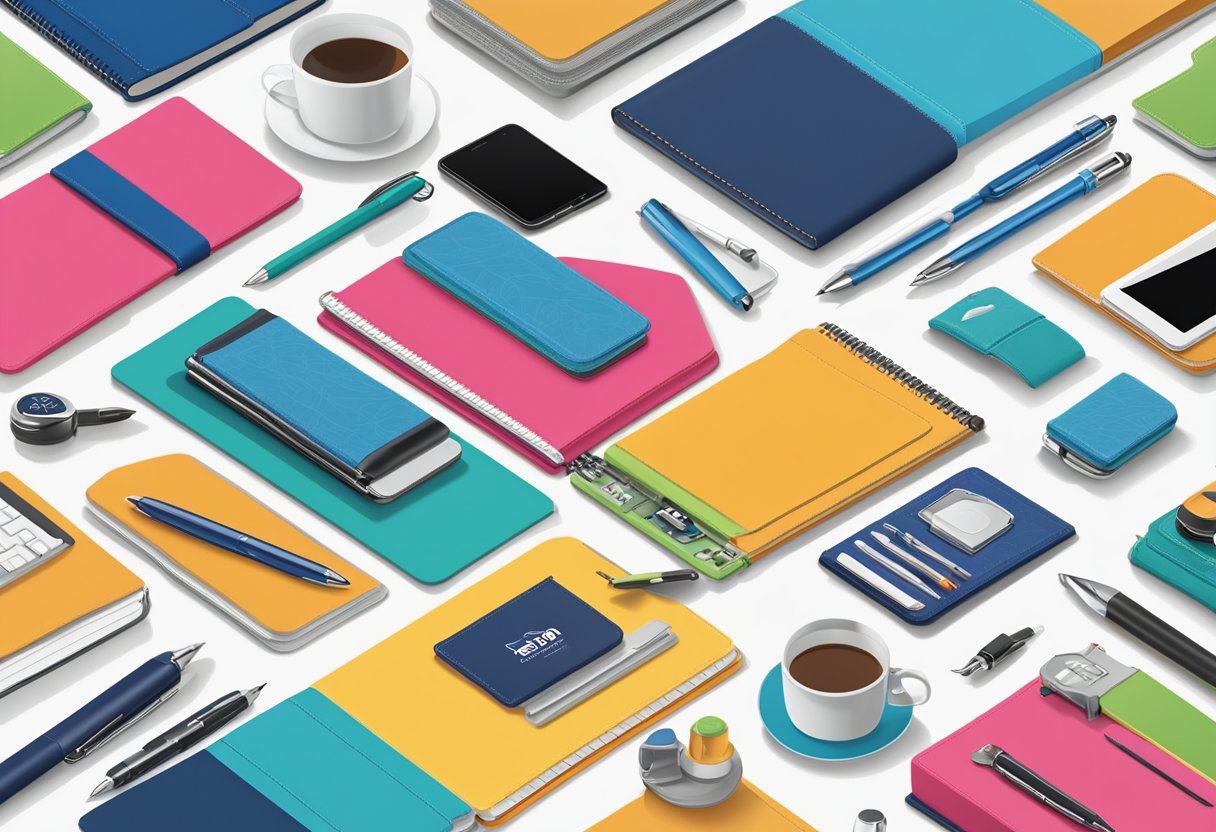 A table displays various corporate gift options: branded pens, notebooks, drinkware, and tech gadgets. A company logo is prominently featured on each item