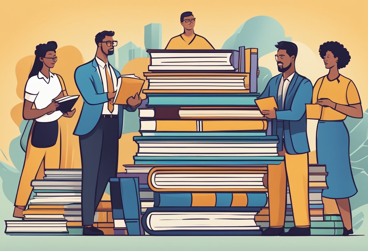A stack of books with a company logo on the cover, surrounded by a group of diverse professionals engaged in lively discussion