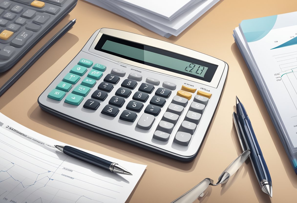 A sleek calculator with a company logo sits on a desk next to a stack of papers and a branded pen