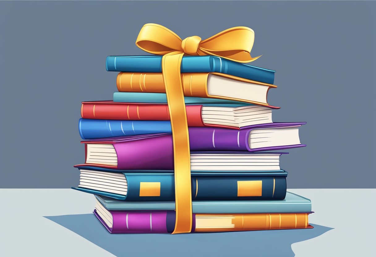 A stack of FAQ books with a ribbon and corporate logo