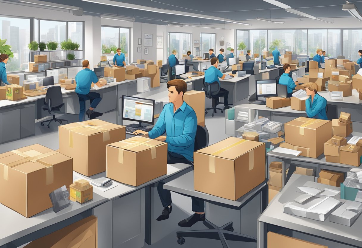 The corporate gift industry is thriving with a bustling office scene, filled with workers packaging and shipping products