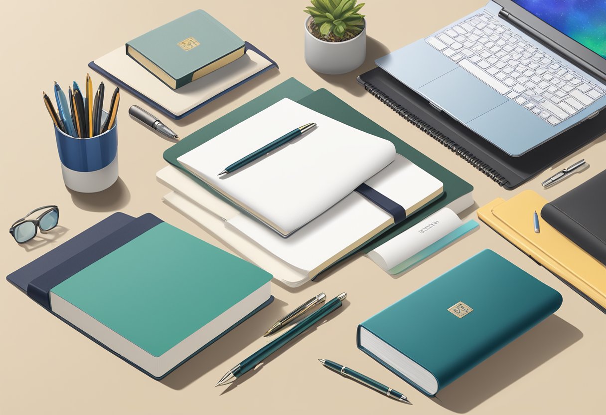 A table displays various corporate gift options: branded pens, elegant notebooks, and personalized desk accessories