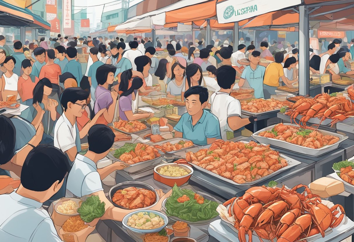A table spread with various lobster rolls, surrounded by eager diners in a bustling Singaporean food market