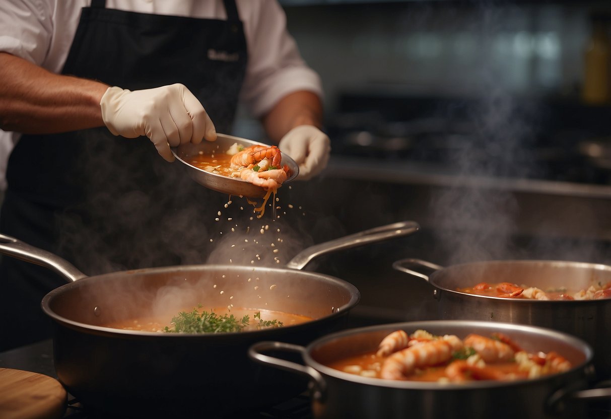 A chef stirs a pot of simmering lobster shells, onions, and herbs. A rich aroma fills the air as the bisque slowly thickens