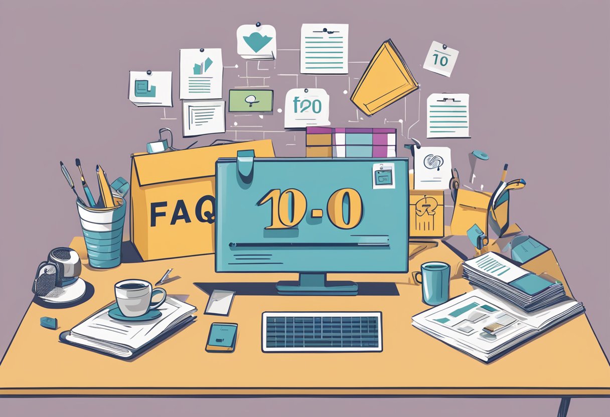 A table with 10 corporate gift ideas displayed, surrounded by question marks and a FAQ sign