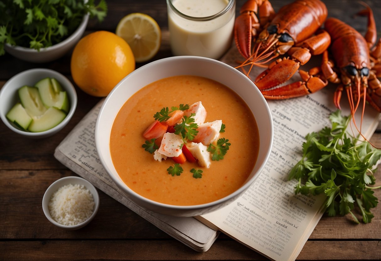 A steaming bowl of lobster bisque surrounded by fresh ingredients and a recipe book open to the "Frequently Asked Questions" section