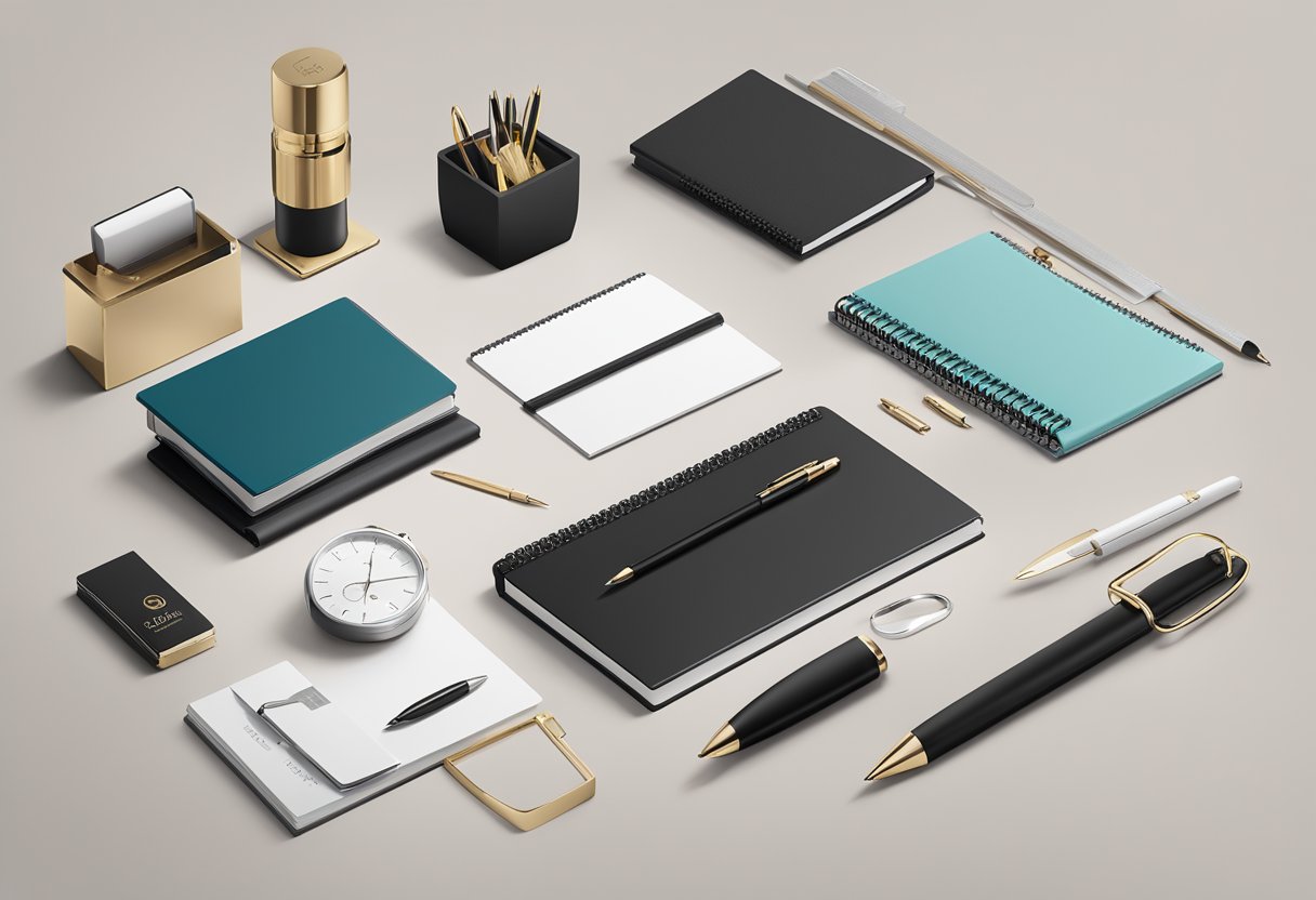 A sleek, modern office desk adorned with a selection of high-quality branded corporate gift items, including elegant pens, luxurious notebooks, and sophisticated tech accessories