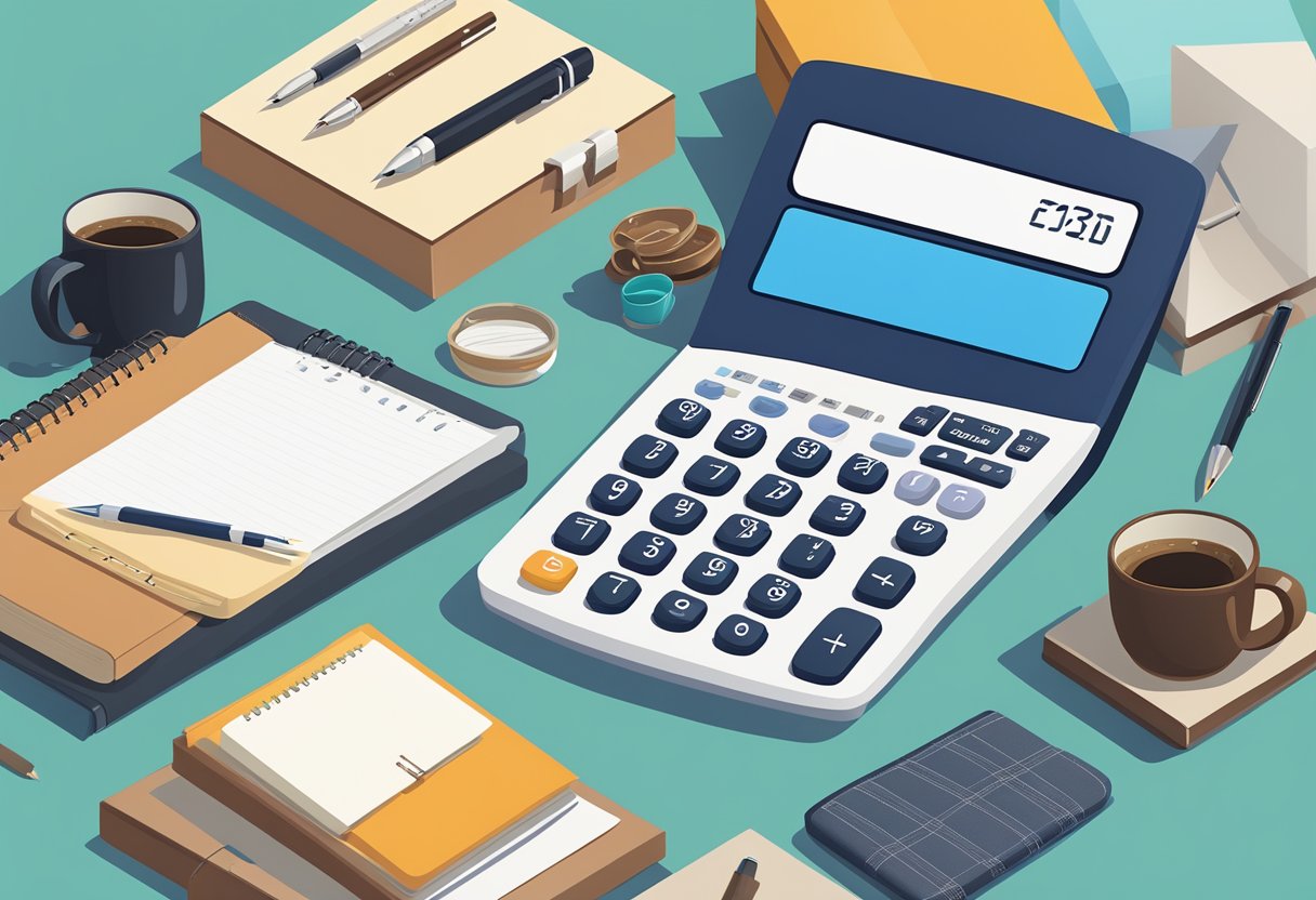 A sleek corporate calculator sits on a desk surrounded by various gift options, such as elegant pens, leather notebooks, and branded mugs
