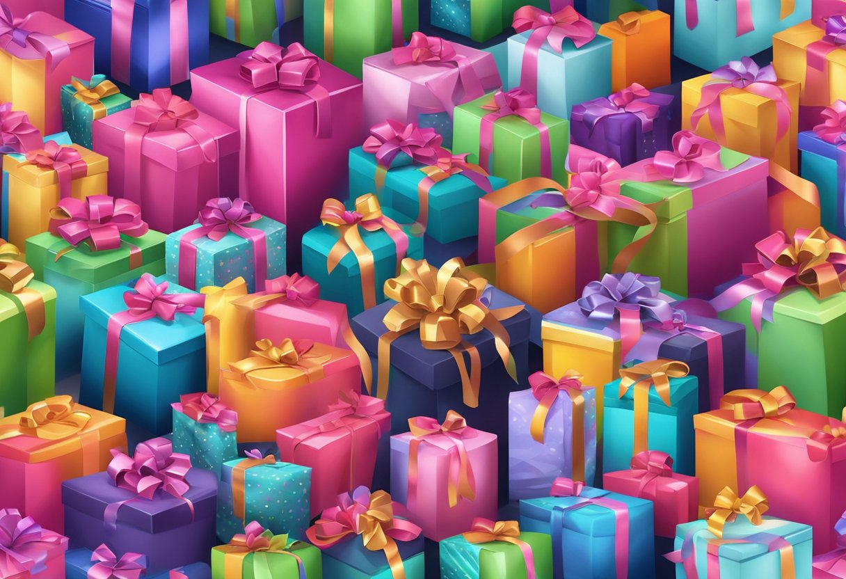 A table covered in colorful gift bags with ribbons and tags