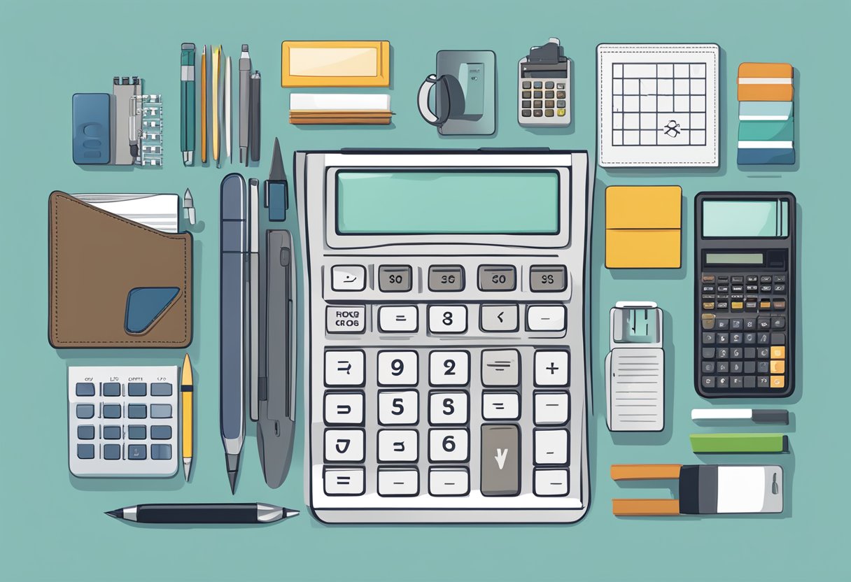 A calculator with custom branding sits on a desk surrounded by corporate gift options
