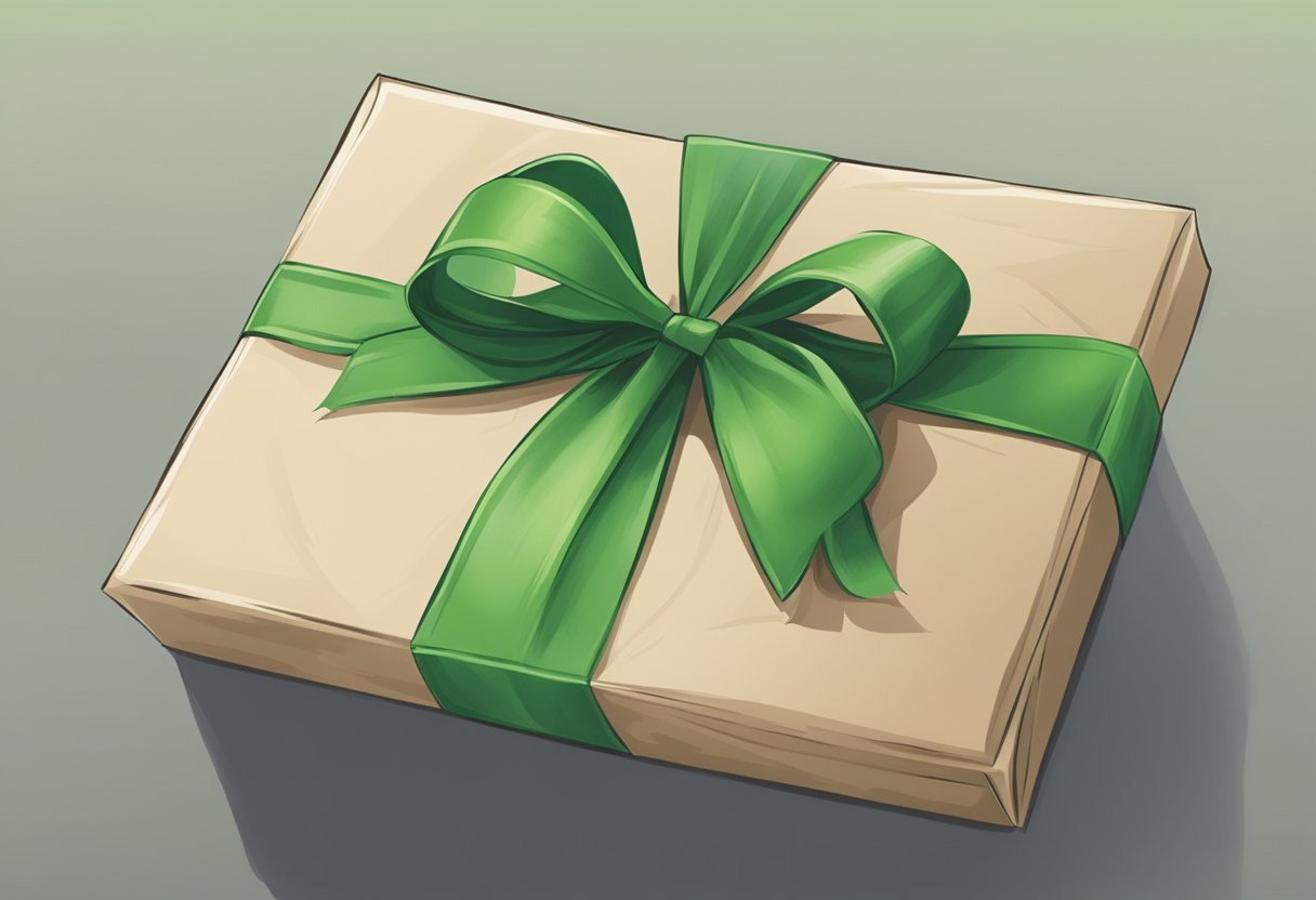 A biodegradable corporate gift being handed over with a green ribbon and a recycled paper tag