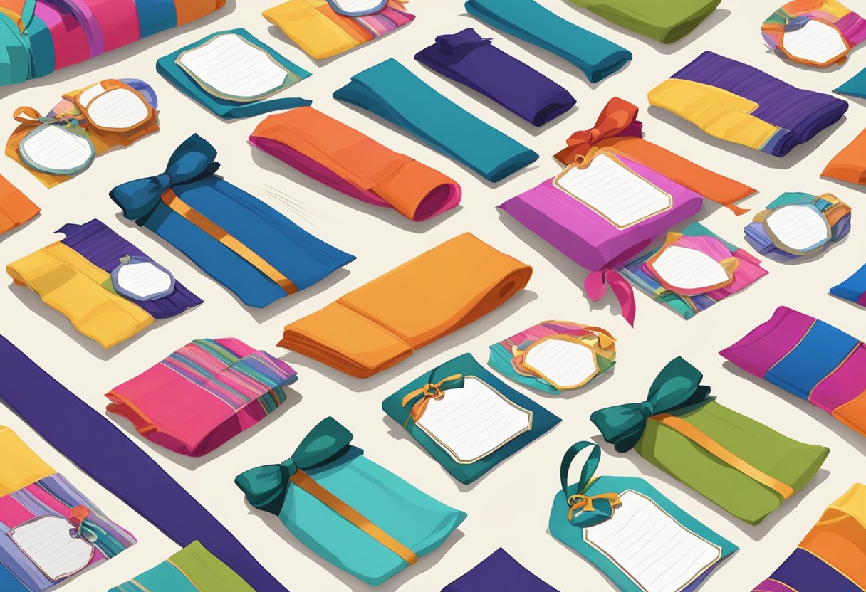A table with colorful fabric, ribbons, and personalized tags for bag favors