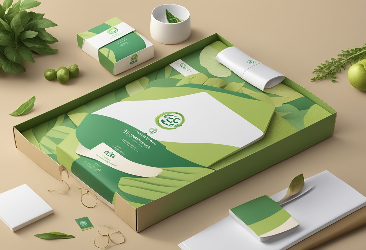 A table adorned with eco-friendly corporate gifts made from biodegradable materials. A logo of a sustainable company is subtly displayed on the packaging