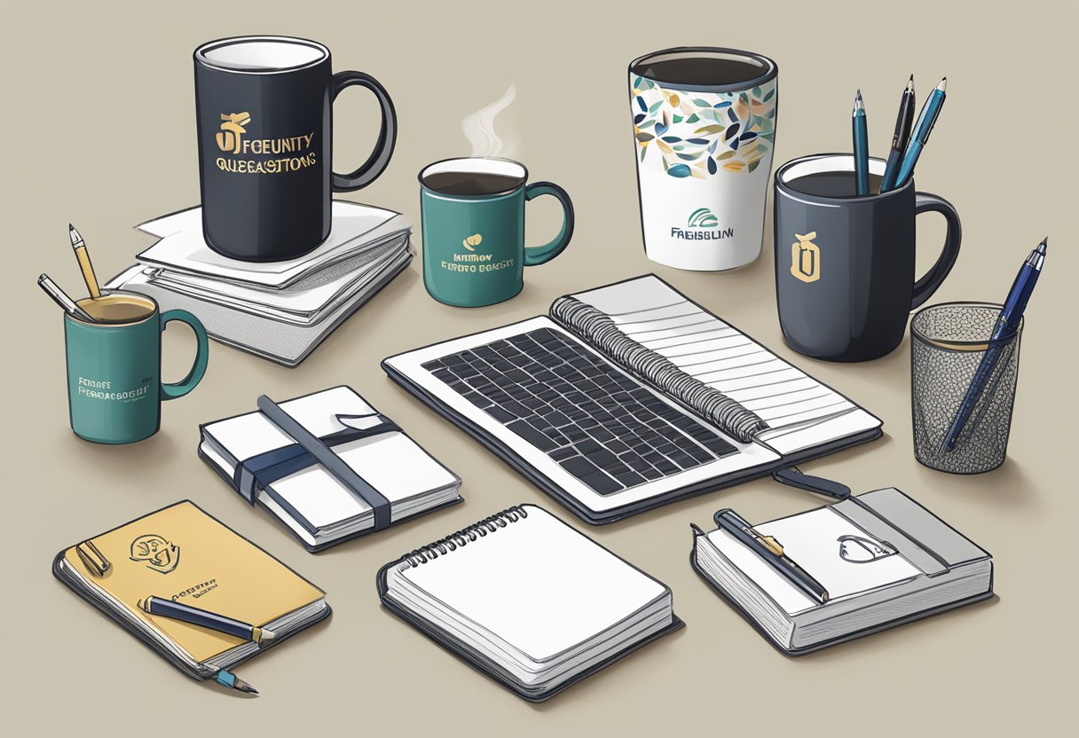 A table adorned with branded gift items, including mugs, notebooks, and pens, with a backdrop featuring the "Frequently Asked Questions" logo