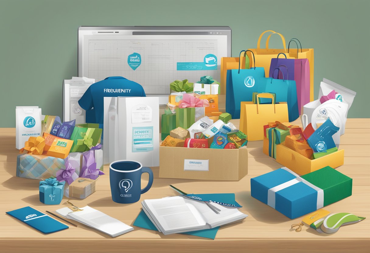 A table with various corporate gift options displayed, including branded merchandise, gift baskets, and custom products. A sign with "Frequently Asked Questions" is prominently featured