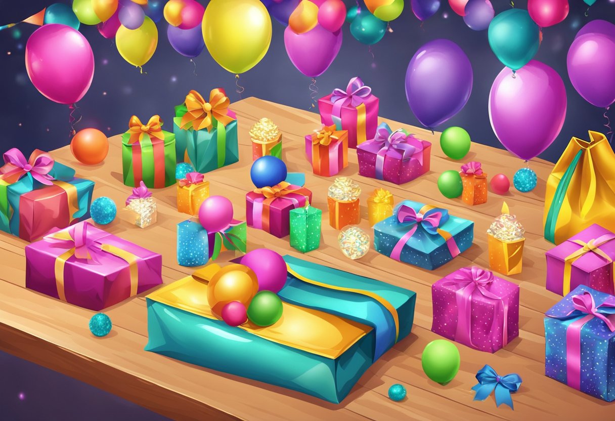 A table with colorful bag favors arranged neatly, surrounded by festive decorations and party favors