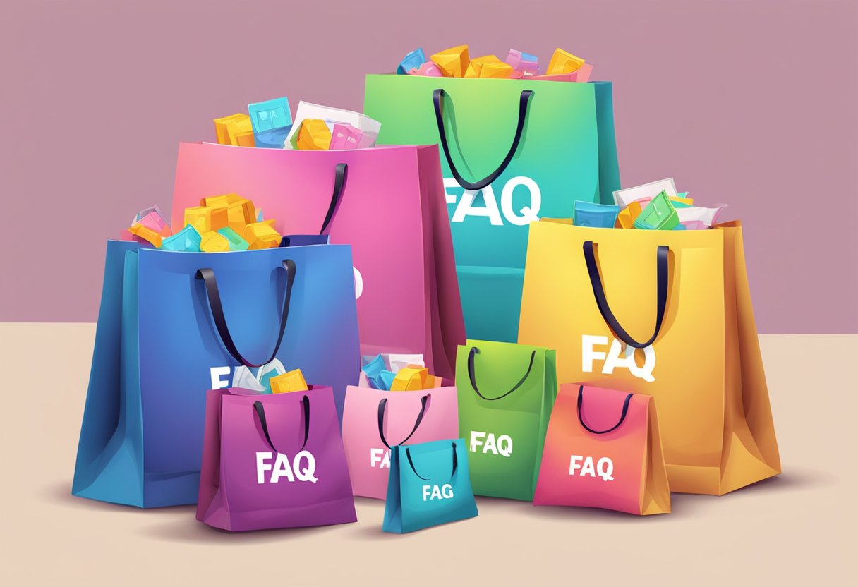 A stack of FAQ bags with colorful favors displayed on a table