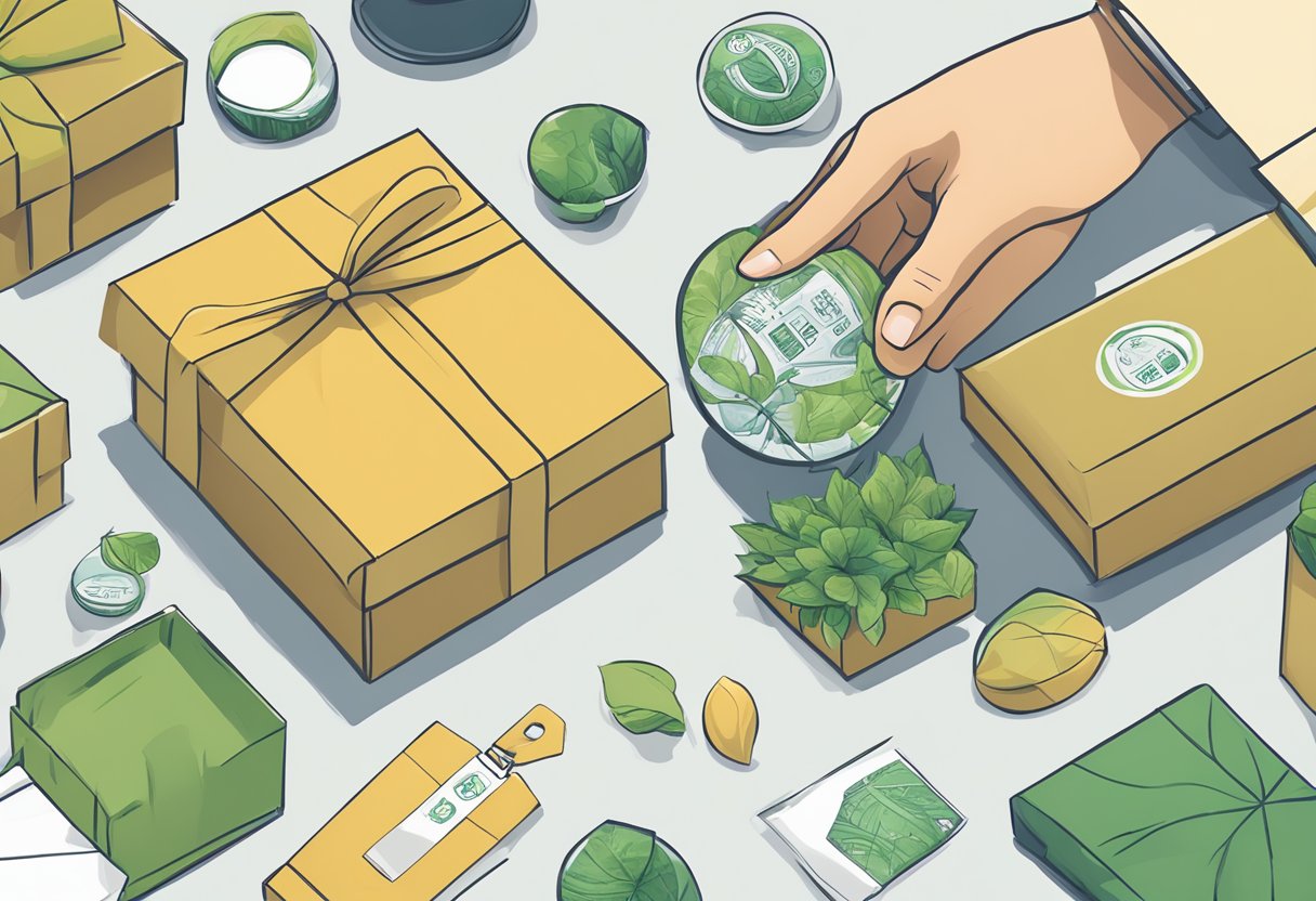 A hand reaches for a biodegradable corporate gift among eco-friendly options on a table. The packaging is labeled with sustainable materials