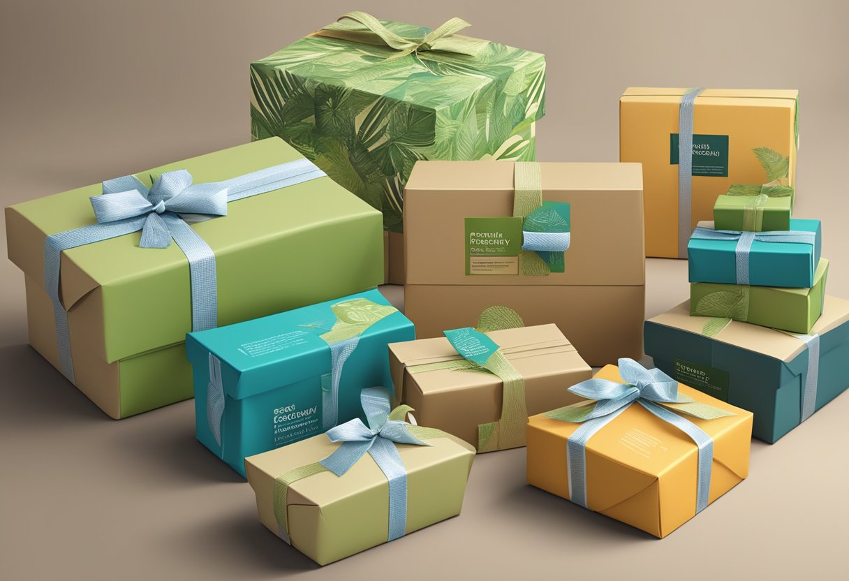 A stack of eco-friendly corporate gifts with "Frequently Asked Questions" printed on the packaging