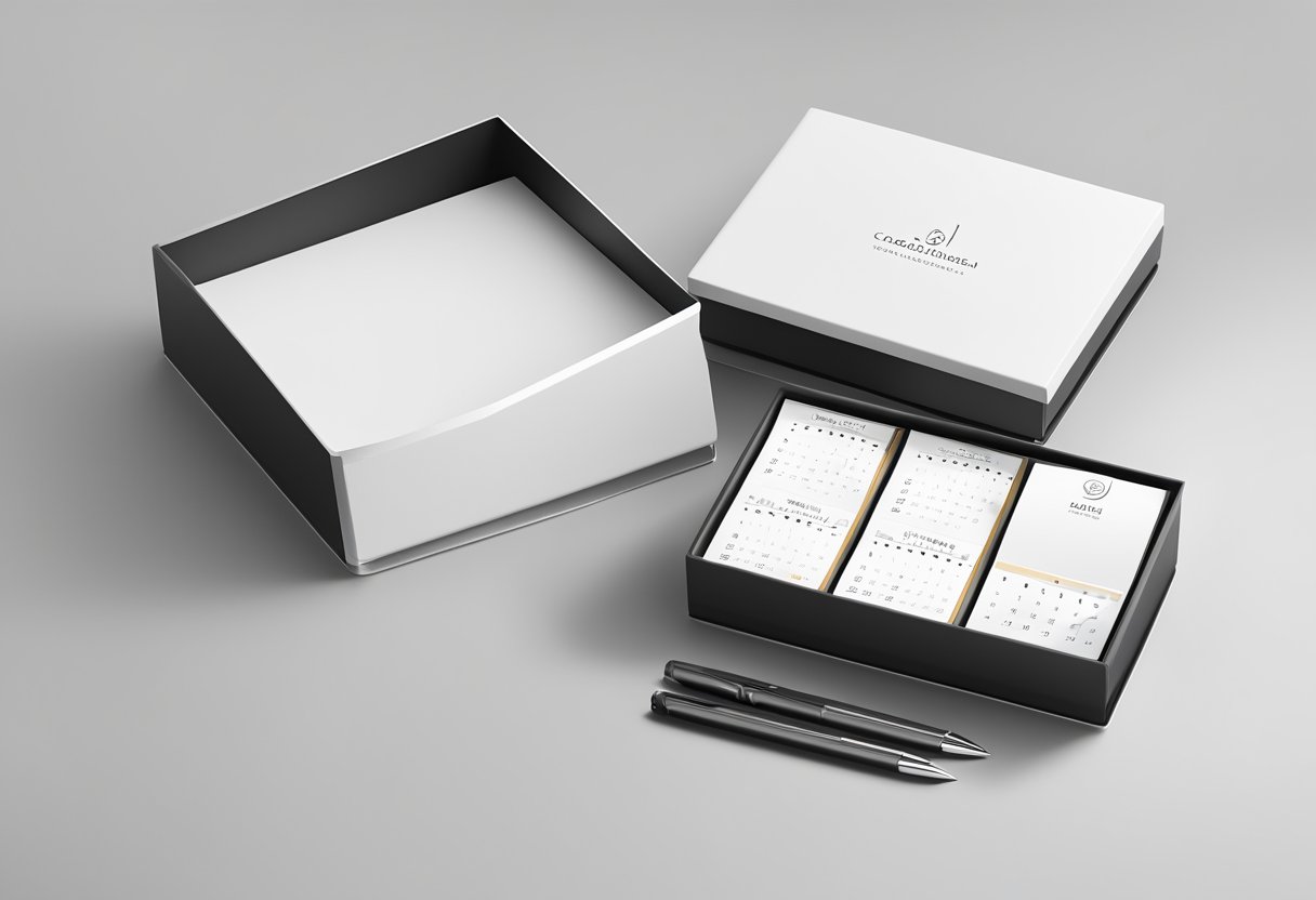 A calendar and writing pad sit on a sleek corporate gift box