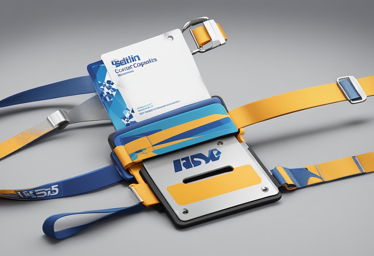 A lanyard with a card holder featuring corporate branding being printed by a machine