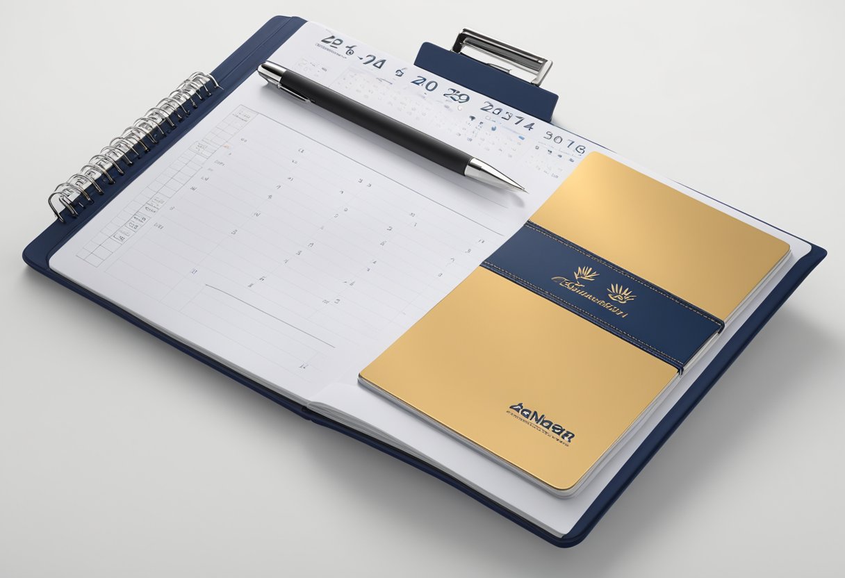 A sleek writing pad, adorned with a customised corporate logo, sits on a designer calendar. The elegant gift exudes professionalism and practicality