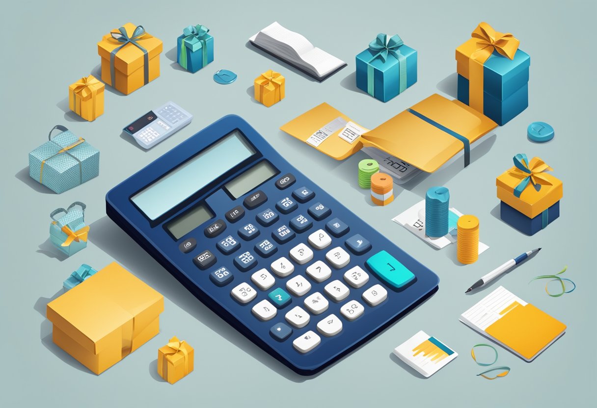 A calculator surrounded by corporate gift items, with a "Frequently Asked Questions" sign nearby