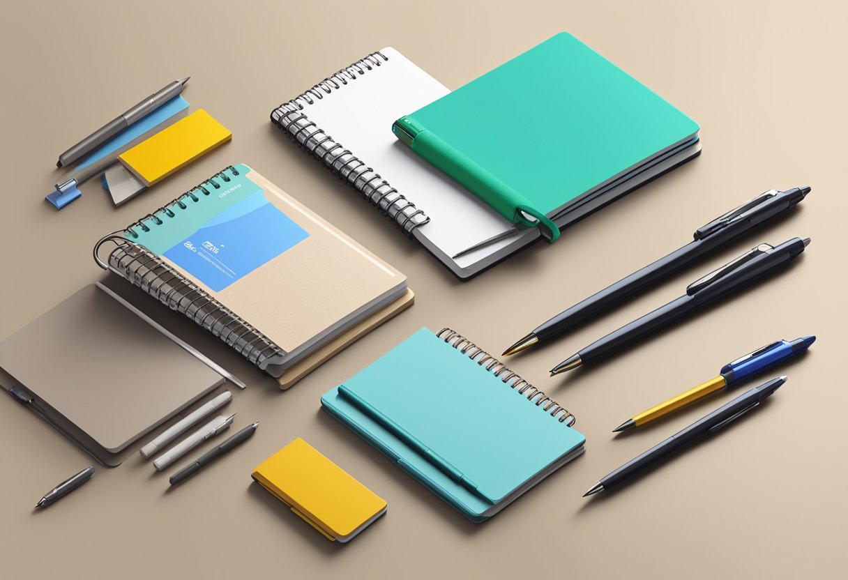 Branded notebooks and pens arranged on a desk