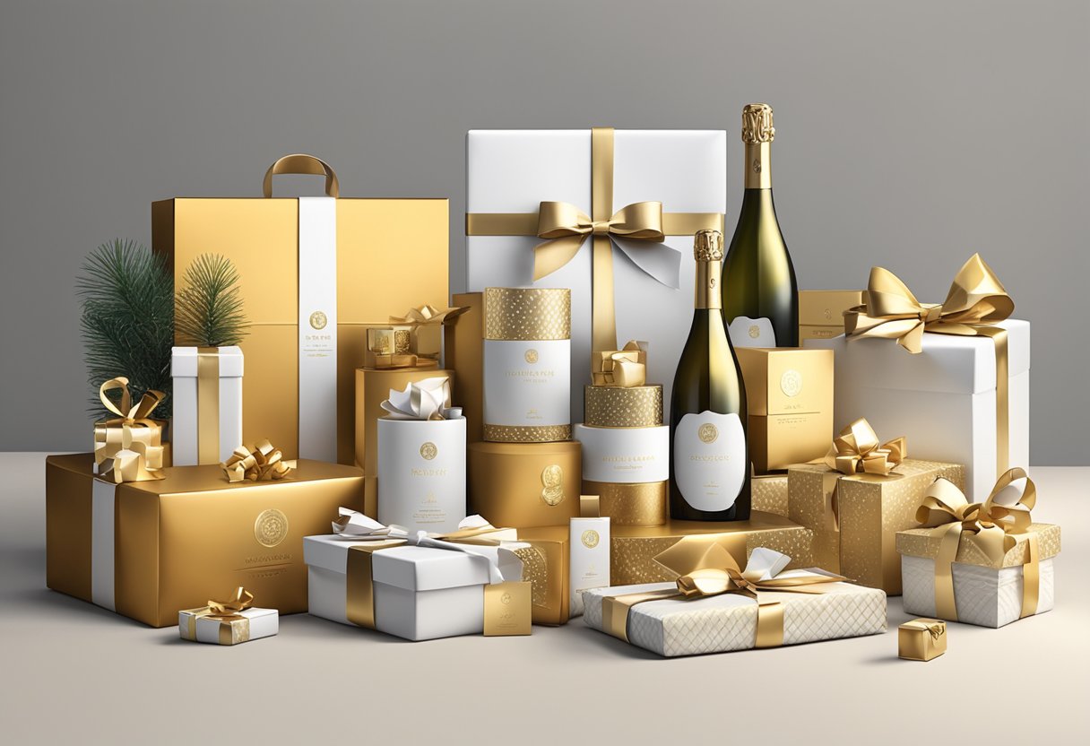 A table displaying a variety of elegant corporate gifts, including branded items, luxury hampers, and personalized accessories, with a festive New Year's theme