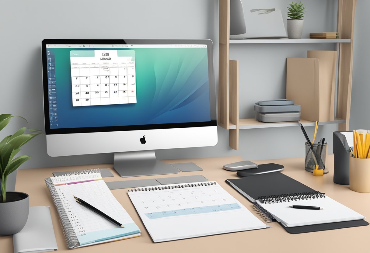 A sleek, modern desk with a branded writing pad and a unique calendar format, surrounded by corporate gifts