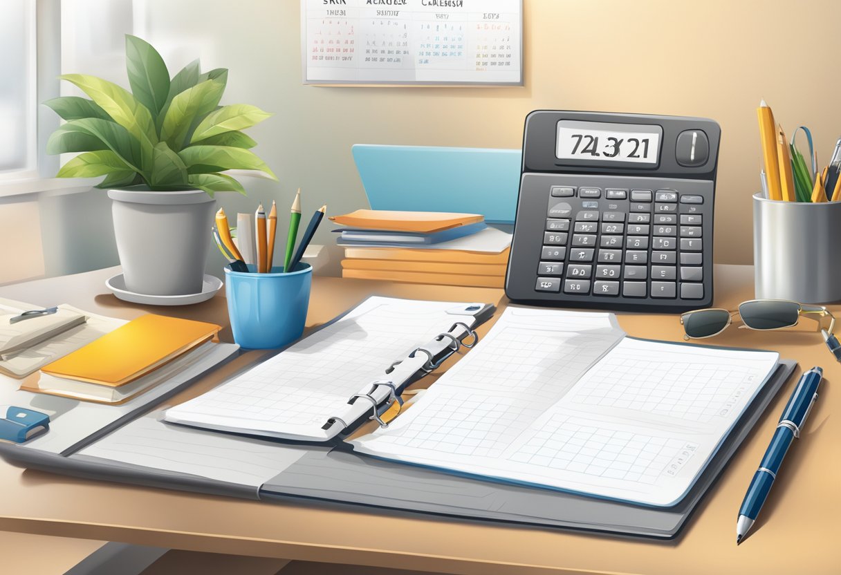 A desk with a calendar, writing pad, and corporate gift