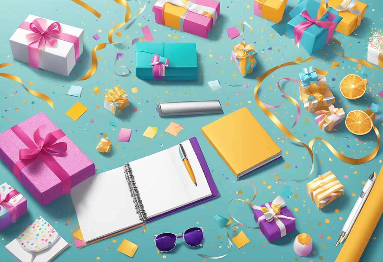 A table adorned with various corporate gifts: branded pens, elegant notebooks, sleek tech gadgets, and gourmet gift baskets. A festive backdrop with confetti and streamers adds a celebratory touch