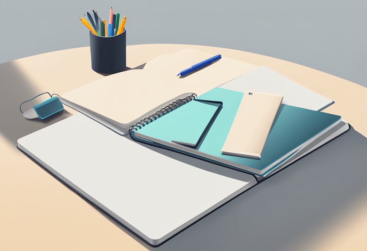 A branded notebook and pen placed on a clean, modern desk with a minimalist background