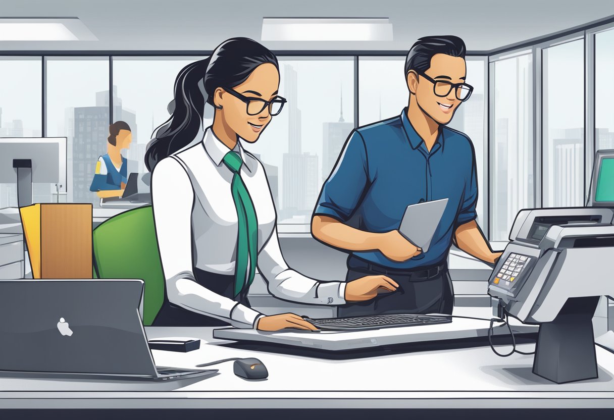 A table with a computer, printer, and corporate gift lanyards. A customer service representative assists a client with a card holder design