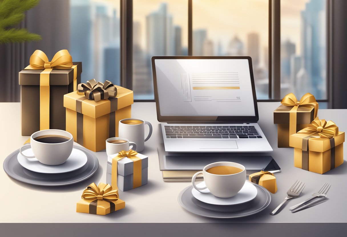A festive table with branded gift boxes, elegant stationary, and logo-embossed mugs. A banner reads "Best Corporate Gifts for New Year."