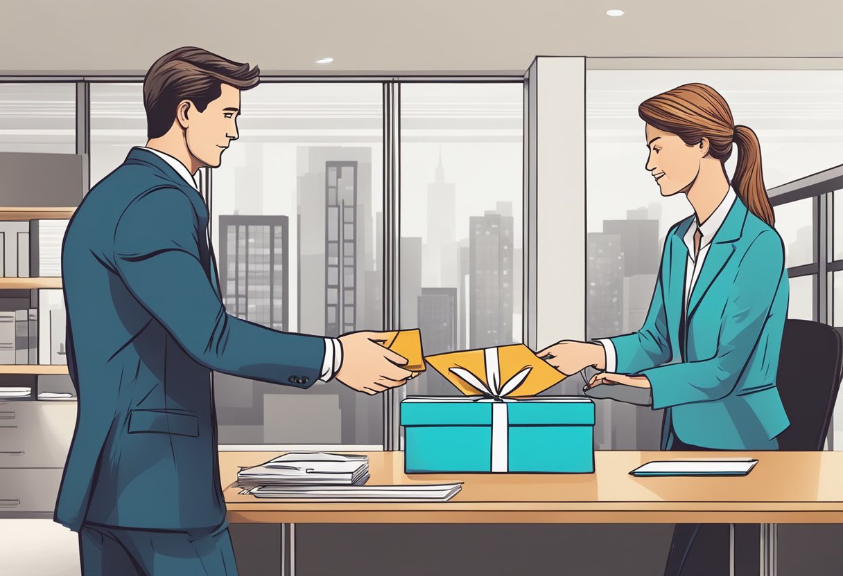 A businessman presents a wrapped gift to another in a modern office setting