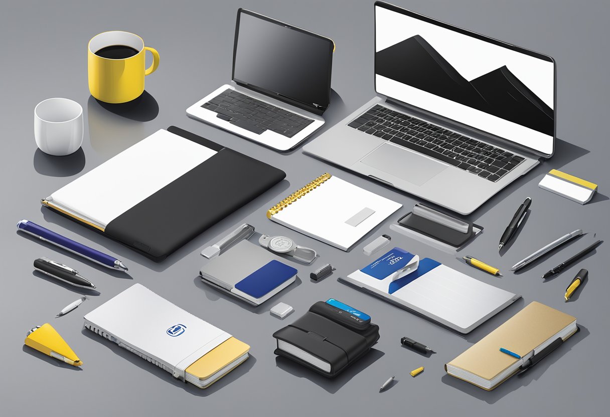 A table displays various corporate gifts: branded pens, notebooks, and tech accessories. A supplier arranges products, with a logo prominently featured on each item