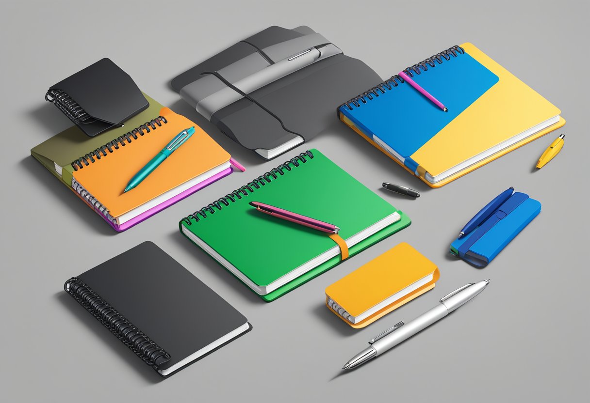 A table displaying various branded notebooks and pens for customisation