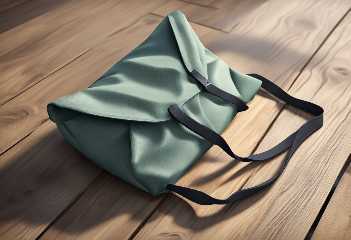 A canvas foldable bag lays open on a wooden table, with its handles spread out and the fabric slightly wrinkled