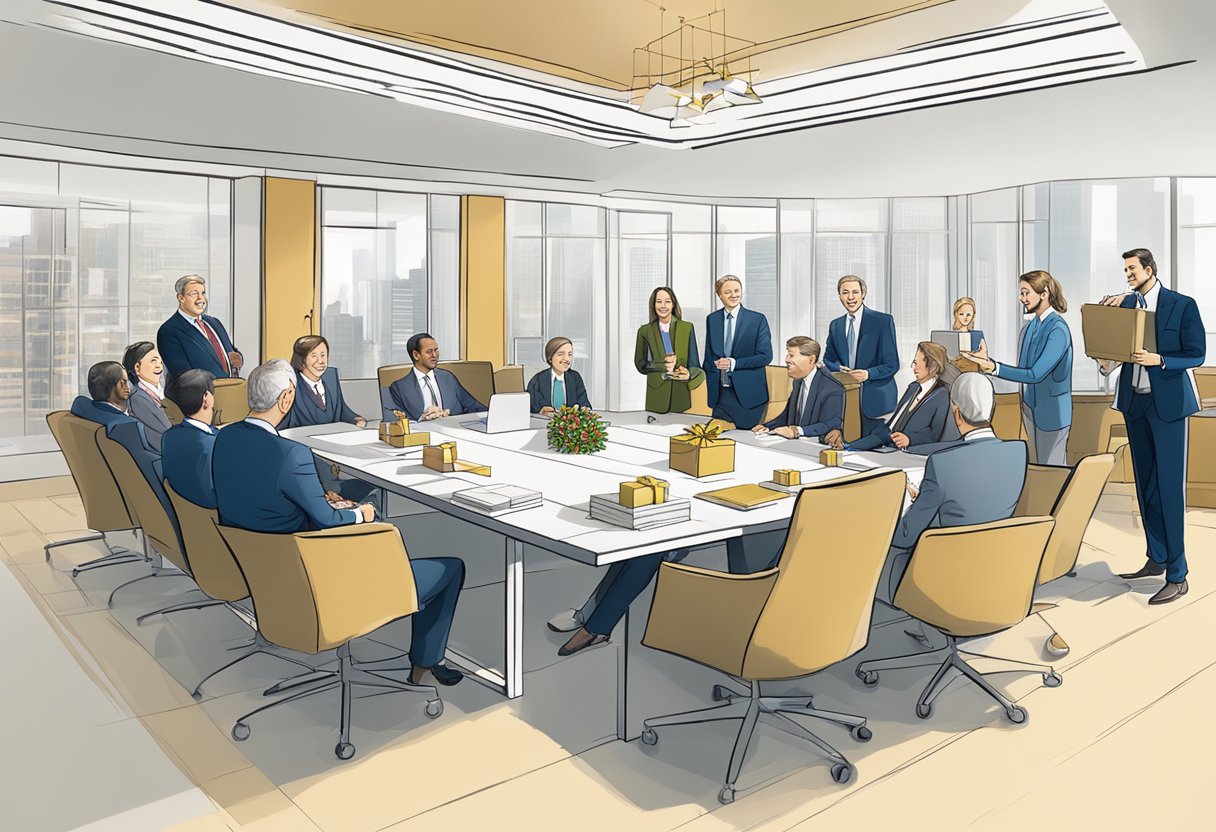A conference room table adorned with branded gift boxes and elegant wrapping, surrounded by smiling executives exchanging presents