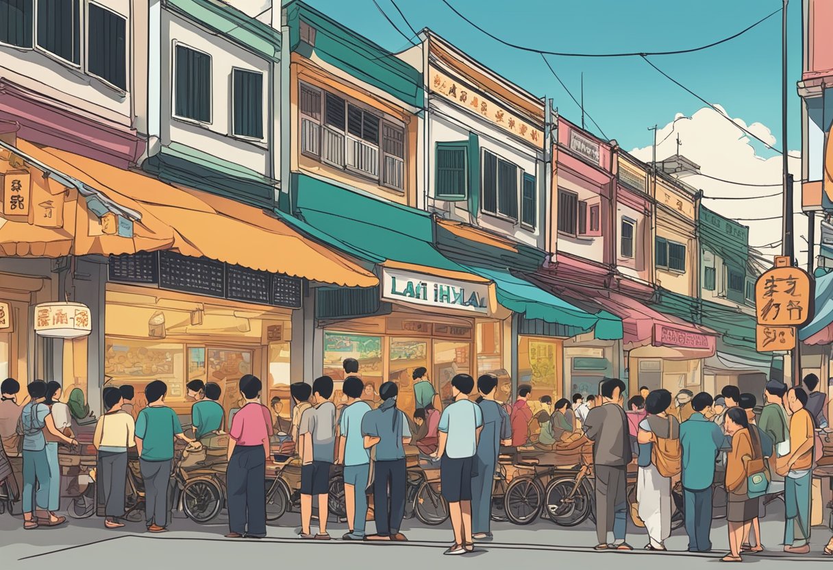 A bustling street scene with a colorful sign for "Lai Huat Sambal Fish Restaurant" and a line of people waiting outside