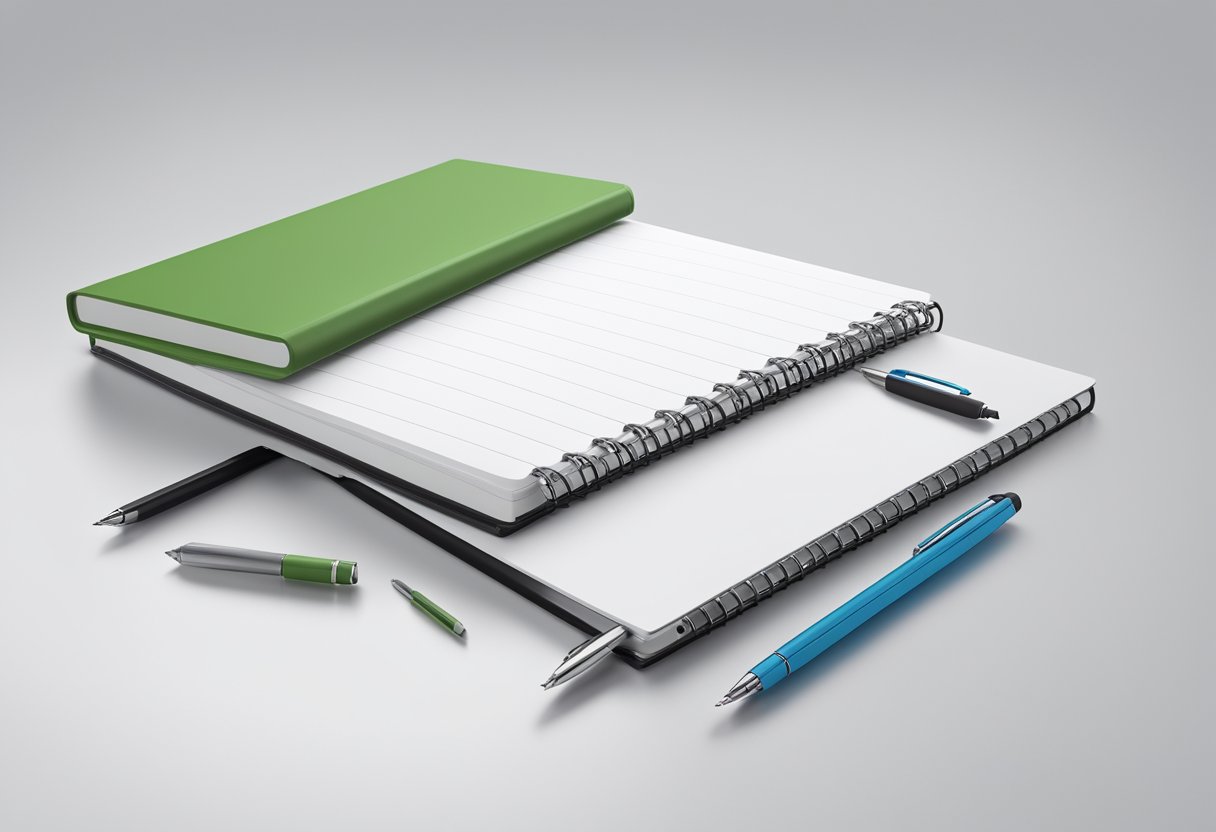 A stack of branded notebooks and pens on a clean, white desk