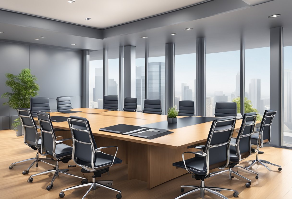 A sleek, modern office setting with a conference table adorned with high-quality, branded corporate gifts. The room exudes professionalism and sophistication